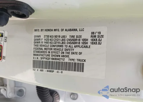 2019 Honda Ridgeline Sport from USA, damaged, VIN 5FPYK3F19KB042712